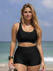 Swim SPRTY Plus Size Solid Color Beach Vacation Swimsuit Set - Black - View 3