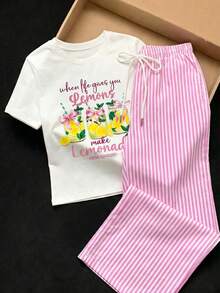 Comfortcana 2件組刺繡圓領短袖上衣與條紋印花長褲，休閒風 - 彩色 - 查看 5