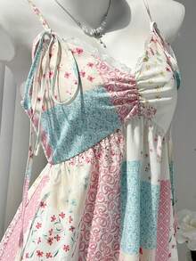 Elamini Women's Floral Print Pleated Casual Party Spaghetti Strap Dress Sweet Vintage-Style Mini Dress With Adjustable Lace-Up Straps And Cottagecore Vibes - Multicolor - View 4