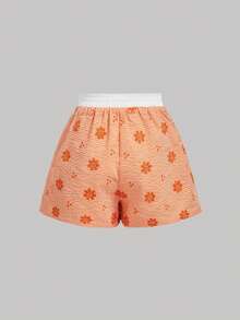 SHEIN MOD 女款休閒寬鬆 Hi-Letter 條紋腰帶彈性腰短褲 - 橘色 - 查看 6