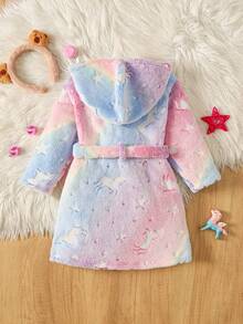 SHEIN 女童愛心卡通螢光圖案保暖內裡厚絨連帽長袖前綁帶睡袍睡衣 秋冬套裝 - 彩色 - 查看 2