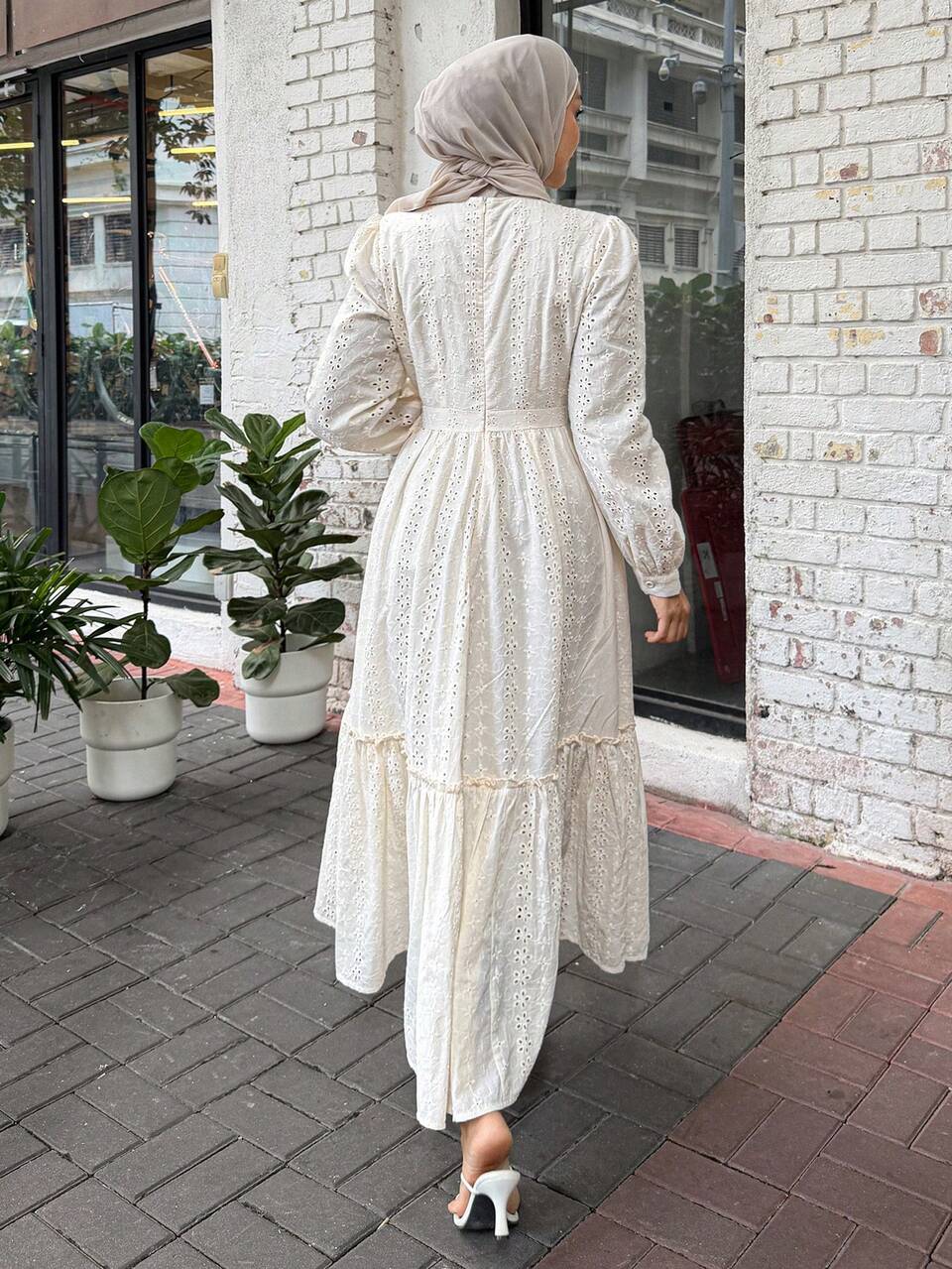 Summer Autumn Stand Collar Long Sleeve White Hollow Embroidery Cinched Waist Layered Patchwork Hem Loose Fit Women's Long Dress