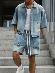 Manfinity EMRG 男士街頭風休閒刺繡藍色牛仔套裝 - 中等水洗藍 - 查看 7