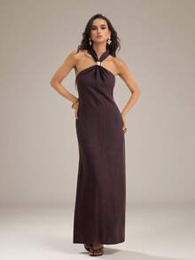 SHEIN Tall Frühling/Sommer Musikfestival Ostern St. Patrick's Day Valentinstag Date Dinner Western Reife Elegante Ärmellose Neckholder Schokoladenbraun Maxikleid - Braun - Übersicht 1