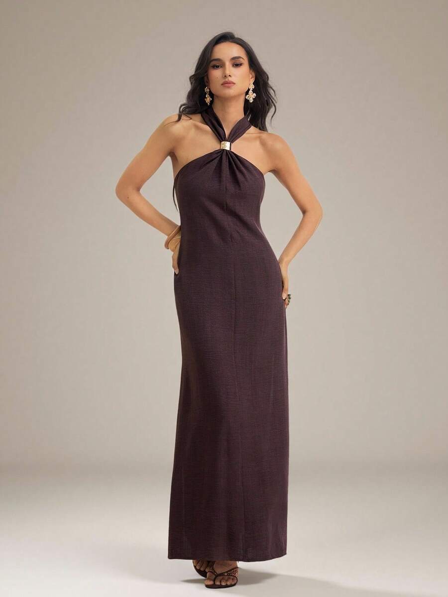 SHEIN Tall Frühling/Sommer Musikfestival Ostern St. Patrick's Day Valentinstag Date Dinner Western Reife Elegante Ärmellose Neckholder Schokoladenbraun Maxikleid - Braun - Übersicht 1