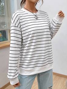 SHEIN EZwear 休閒簡約印花圓領長袖寬鬆女款運動衫 - 彩色 - 查看 3