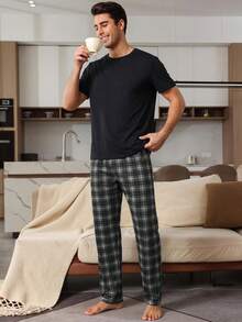 SHEIN Provexi Men's Solid Color Crew Neck Short Sleeve Top And Plaid Long Pants Casual Daily Home Wear Set - Black - View 6