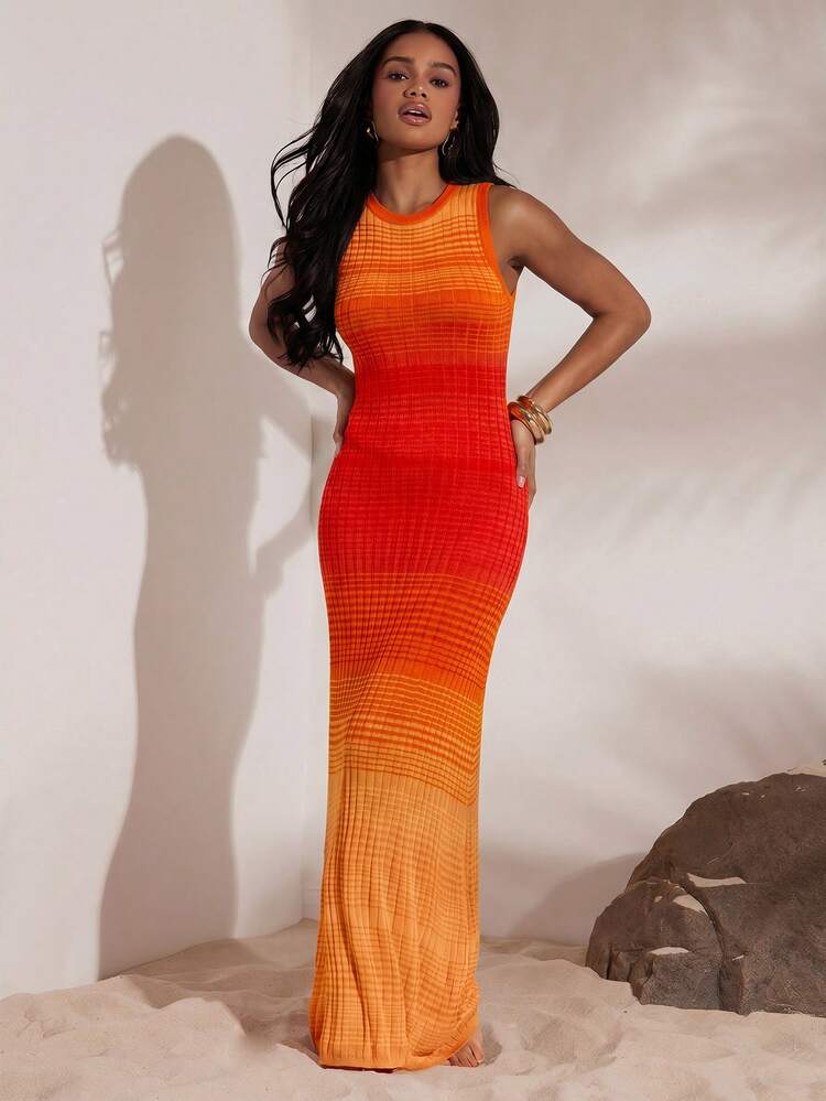 Opulessa Women's Round Neck Colorblock Casual Sexy Daily Knit Dress Vacation Red Orange Autumn - Multicolor - View 2