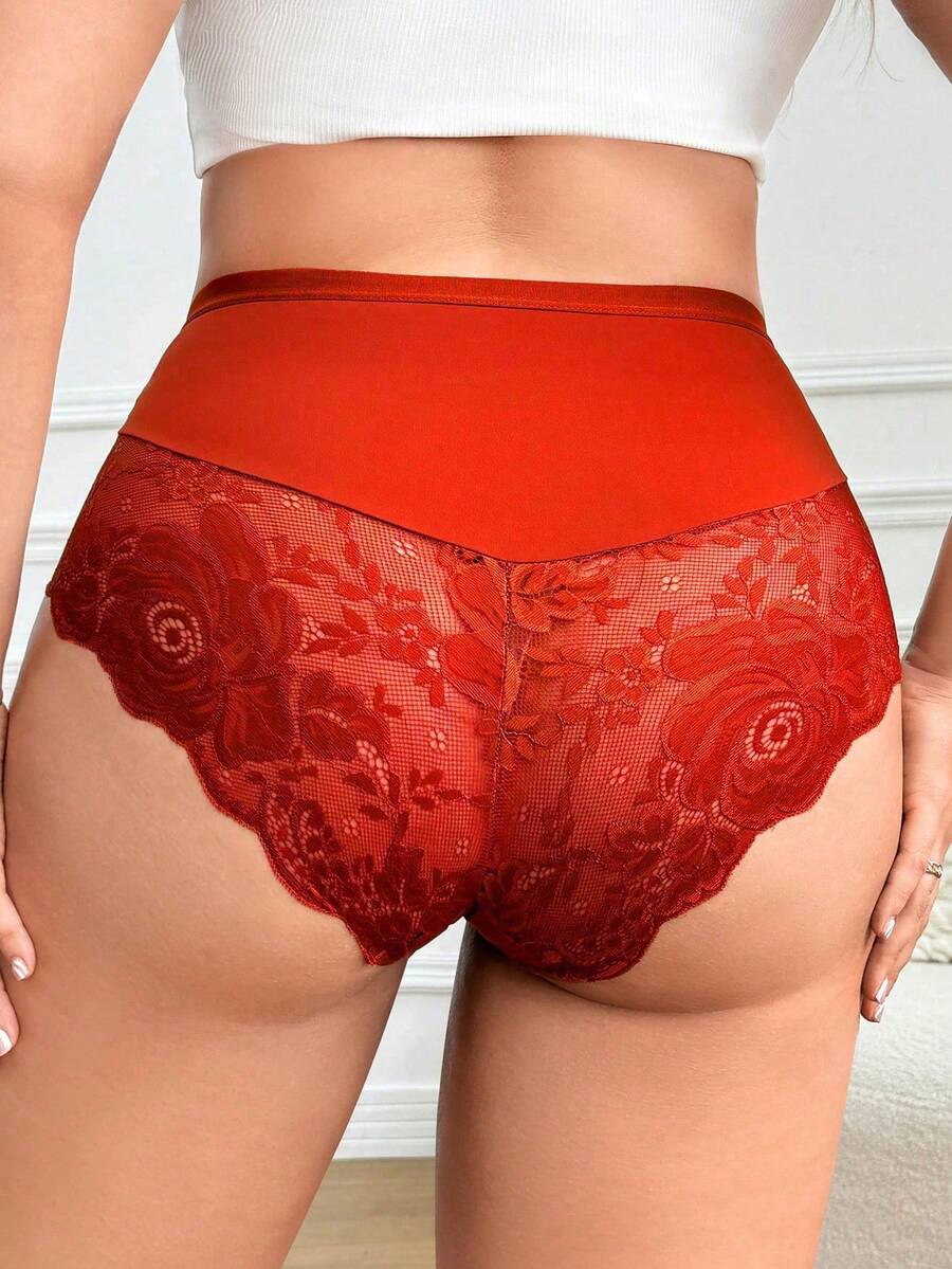SHEIN 1pc Plus Size Elegant Solid Color Lace Patchwork Panty - Orange - View 1