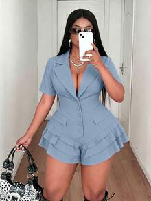 Maweii Plus Size Women's Sexy Lapel Collar Frill Trim Jumpsuit - Blue - View 2