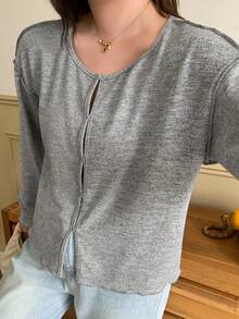 Dazy Plus Solid Gray Round Neck Long Sleeve Contrast Trim Button Loose Casual Versatile T-Shirt Plus Size Women Autumn New Arrival - Grey - View 4