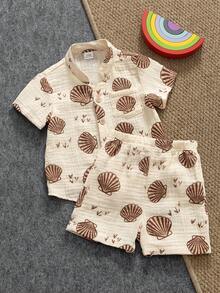 SHEIN Playful Pals 2件組 幼兒男嬰米色夏季度假短袖植物圖案上衣套裝 - 黃色 - 查看 5