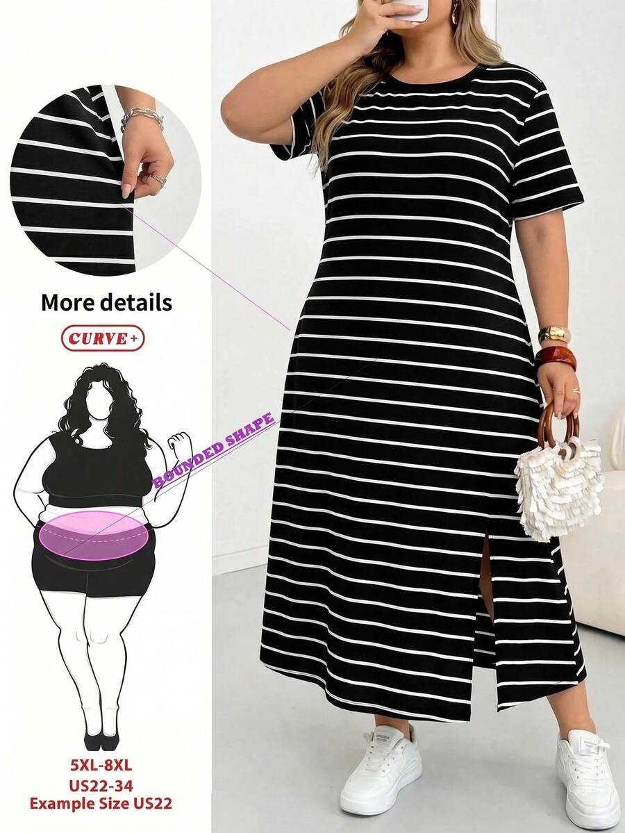 SHEIN CURVE+ 大码女装春夏时尚休闲宽松舒适基础款日常修身开衩黑色条纹短袖中长连衣裙,机场穿搭,复古富家风,教师装,女士教堂礼服,女士夏季穿搭,曲线连衣裙 - 黑與白 - 查看 1