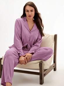 LUVLETTE 加大码女士罗纹舒适100%纯棉基础经典长款睡衣家居服套装四季皆宜，适合曲线身材，尺码齐全。 - 粉色 - 查看 7