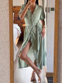DAZY Women's Solid Color Ruffle Trim Robe With Belt - White - View 8