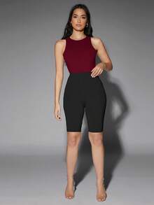 Silquee Summer Casual Solid Color Sleeveless Bodysuit - Burgundy - View 5