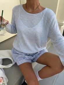 Muchica Women's Spring/Summer Casual Striped Long Sleeve T-Shirt - White - View 4