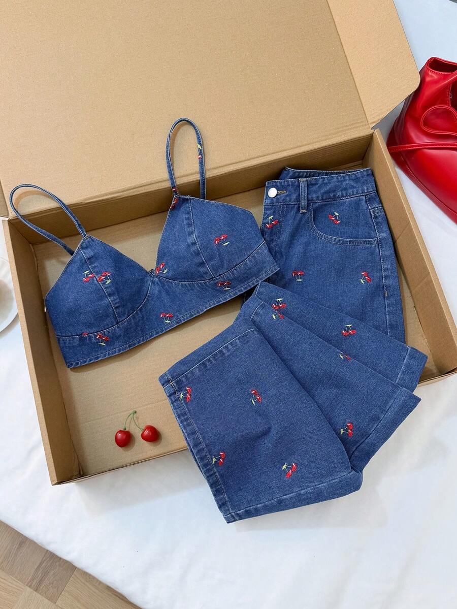 Soleia 女款櫻桃刺繡超短吊帶背心與牛仔褲套裝