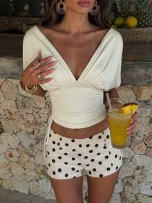 Privoire Fashionable & Elegant V-Neck Ruched Waist Summer Knit T-Shirt For Women - Apricot - View 11