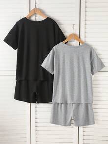 4pcs/Set Boys Short Sleeve T-Shirt & Shorts Set, Dark Blue & Grey Blue, Dropped Shoulder Loose Fit, Embroidered Pattern, Casual Minimalist Comfortable Soft Loungewear For Summer - Multicolor - View 3