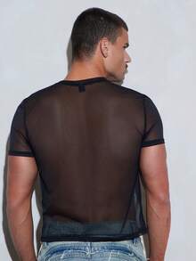 FeverCity Men's Rhinestone Letter Mesh Crew Neck Short Sleeve Top - Black - View 2
