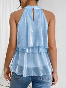 Firerie Loose Neck Ruffle Asymmetrical Chiffon Blouse,Summer Top - Blue - View 2