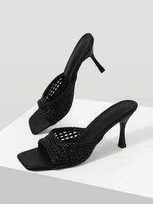Mnmlis Fashion Word With Open Toe Simple Texture Woven Texture Holiday Versatile Elegant High Heeled Sandals - Black - View 3