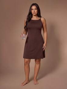 Lazeform Plus Size Women's Brown Summer Square Neck Spaghetti Strap Nightgown,Soft High Stretch Knit Fabric Fitted Slimming Sleeveless Camisole Casual Wear - Brown - View 5