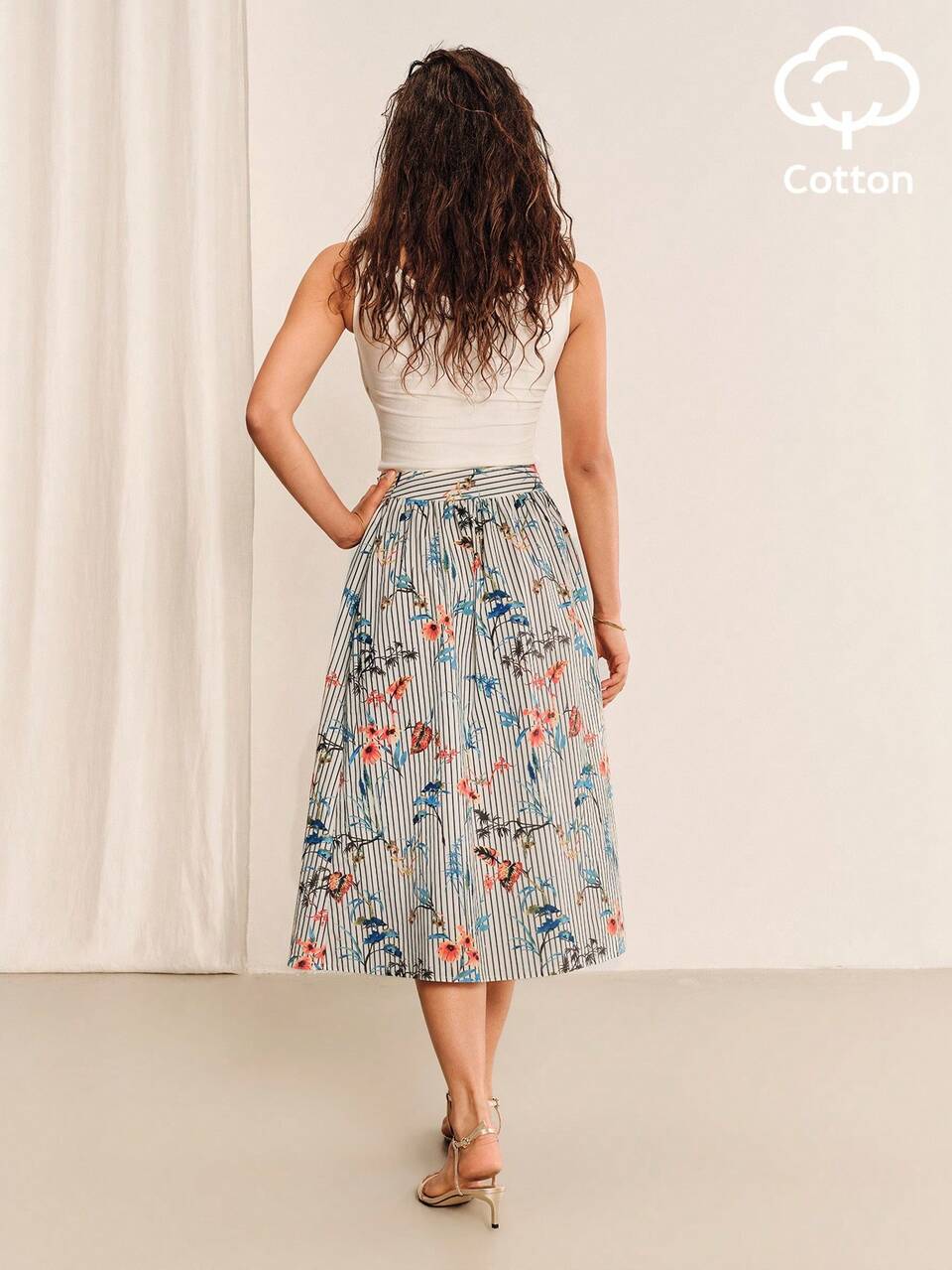 Striped Ecru Midi Wrap Skirt With Vintage Floral Print And Wooden Button Opening Summer Work Outfit Elegant Holiday Cotton Skirt