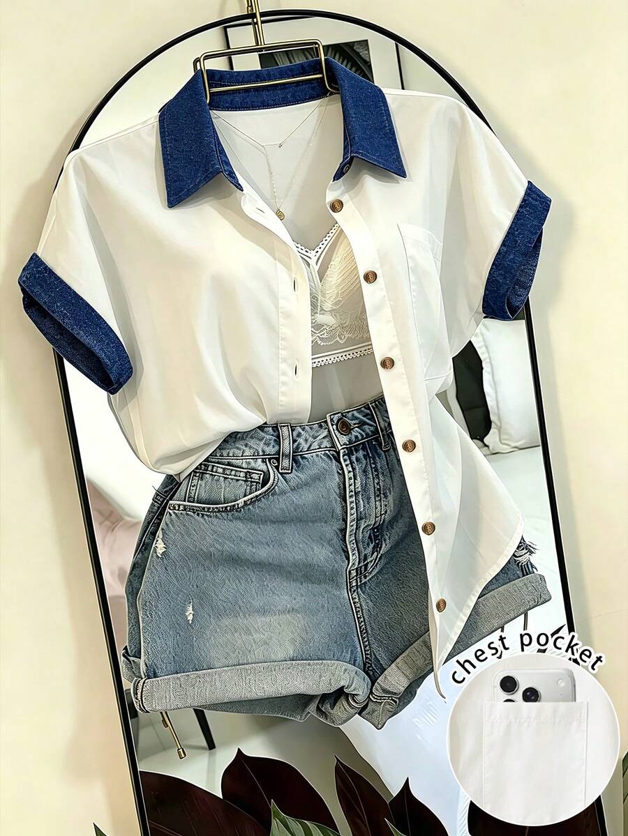EMERY ROSE Colorblock Patchwork Short Sleeve Casual Vacation Shirt - Multicolor - View 1