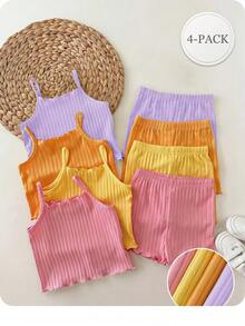 SHEIN Kids Young Girl Solid Color Ribbed Camisole And Shorts Set Orange Summer Pcs - Multicolor - View 3