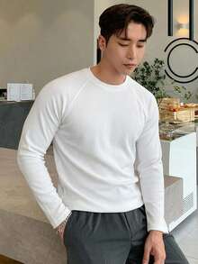 DAZY White Long Sleeve Ribbed Texture Soft Fabric Men's Spring Autumn Base Layer Solid Color T-Shirt - White - View 4