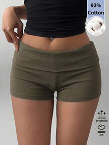 SHEIN BASICS 女款休閒純色羅紋針織短褲，夏季 - 軍綠色 - 查看 1