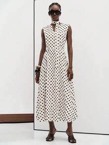 Aveloria Modichic Women's Dress High Waist A-Line Tie High Neck Sleeveless Midi Swing Elegant French 70s Vintage White And Black Polka Dot Tea Party Brunch Summer - Black and White - View 3
