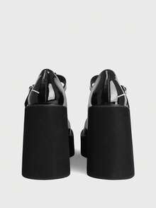 Sugerpunk Zapatos de mujer de moda con tacón inclinado y plataforma, estilo punk gótico de calle, punta redonda, suela gruesa, diseño de hebilla con bordado de hilo de telaraña - Negro de carbón mate - Ver 4