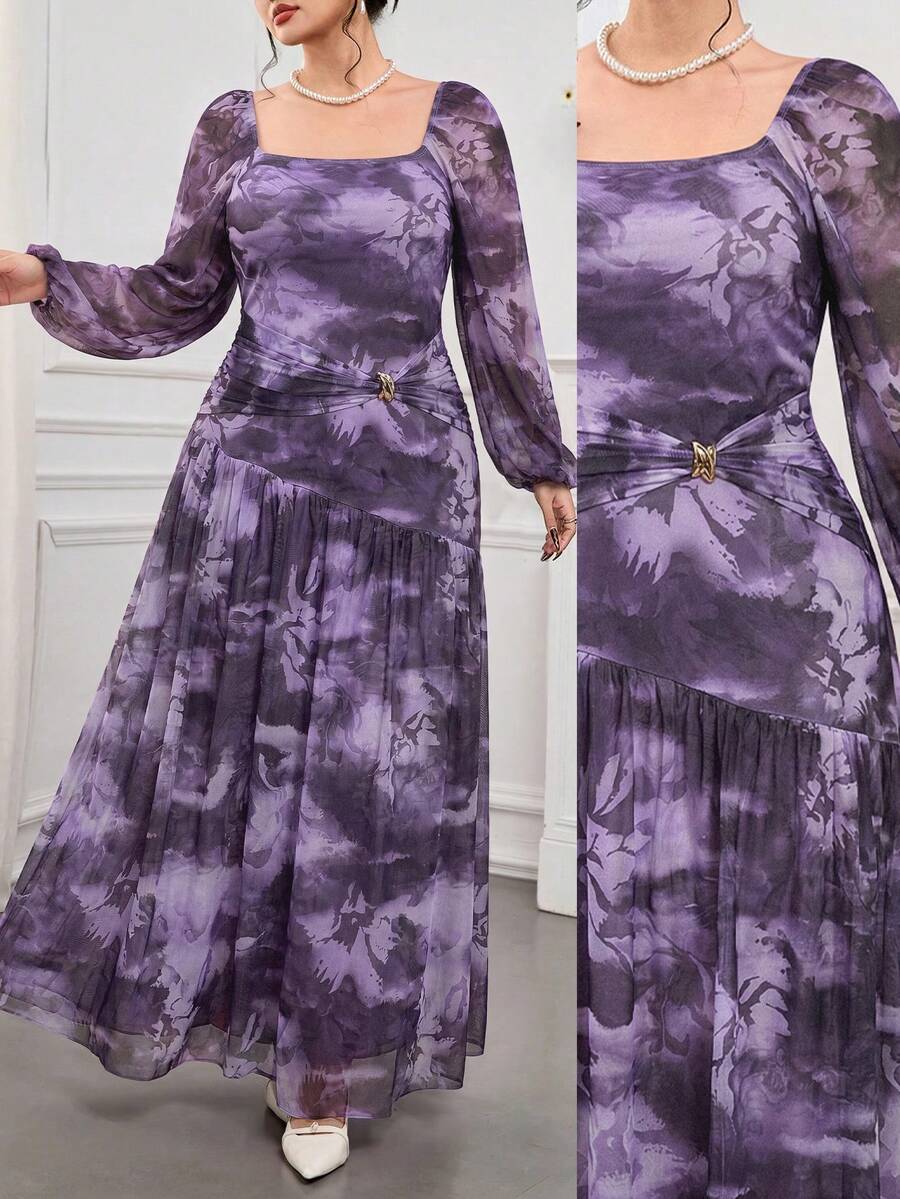 Modelyn Rochie elegantă pentru femei mărimi mari, tie-dye, cu decolteu pătrat, mânecă lanternă, talie și decorațiune metalică - Violet - View 1