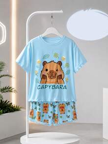2pcs/Set Piyama Atasan Pendek Bahu Longgar & Celana Pendek Anak Perempuan, Motif Capybara Lucu, Kain Lembut & Nyaman, Gaya Rumahan yang Santai Namun Tetap Ceria - Mint Green - View 10