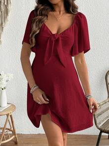 SHEIN Maternity Short Sleeve Mid-Length A-Line Pullover Dress With Ruffle Sleeves And Half-Open Neck - Burgundy - View 1