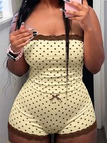 INAWLY Solva Set 2 Potong Model Bandeau Motif Polkadot Kuning & Cokelat dengan Hiasan Pita dan Renda - Kuning - View 2
