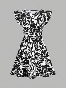 SHEIN Clasi 女款度假圓領荷葉邊袖口收腰A字洋裝 - 黑與白 - 查看 7