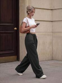 SHEIN PETITE Women's Casual Business Casual Black And White Striped Striped Trousers, High-Quality And Comfortable Texture, New Style For Summer And Autumn 2026 - Black - View 5