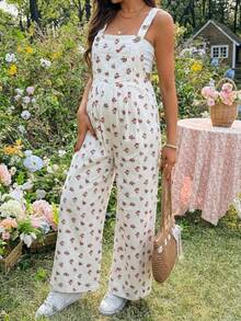 SHEIN 孕婦小碎花牛仔吊帶褲 - 白色 - 查看 6