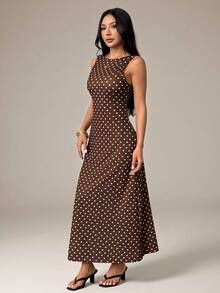 SHEIN PETITE Women's Elegant Vintage Polka Dot Print Backless Tie-Waist Sleeveless Dress, Summer Long Brown And White Polka Dot Split Sundress, Petite Vacation - Brown - View 3
