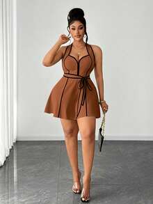 Maweii Plus Size Women's Piped Waist Tie Casual Sleeveless Romper - Brown - View 2