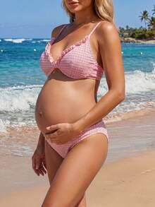 SHEIN 26SS Summer Beach Vacation Yellow Ruffle Textured Fabric Maternity Swimwear Set - Pink - View 3