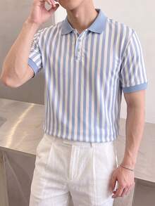 Airaco 男士藍白直條紋 Polo 衫，夏季短袖領口休閒上衣，薄款時尚 T 恤，度假禮物、生日禮物，春夏穿著 - 彩色 - 查看 6