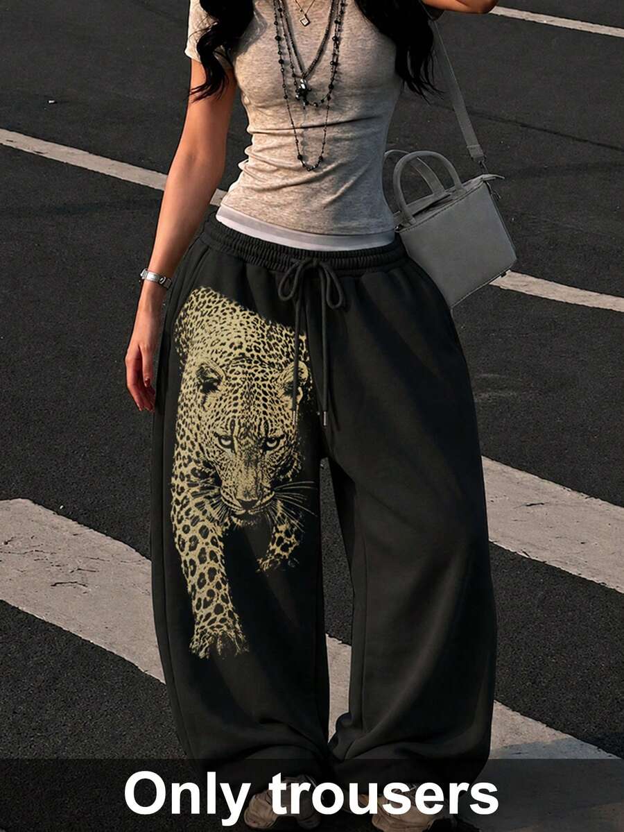 IslaSuriya Leopard Print Fashionable Minimalist Women's Loose Fit Straight Leg Pants, Gift For Friends - Black - View 1