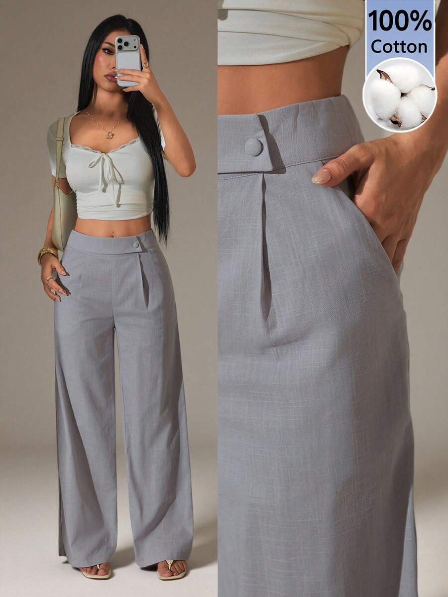SHEIN PETITE 女款粉色竹纖維面料腰前疊層扣飾設計優雅教師制服專業休閒褲,感恩節、萬聖節必備百搭寬鬆飄逸直筒褲,50%棉舒適款,適合春夏與秋冬,小個女款 - 灰色 - 查看 1