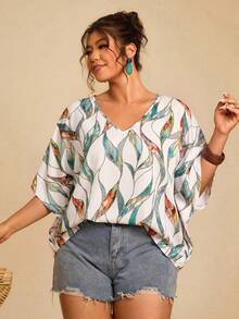 SHEIN VCAY Plus Size Boho V-Neck Tropical Floral Print Ruffled Sleeve Loose Blouse For Holiday, For Summer, Mother Day, Vacation Woman, Rave, Western Wear Summer Boho Top - Multicolor - View 4