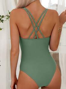 Swim Basics Solid Color Round Neck Fitted Minimalist Comfortable One-Piece Swimsuit, Suitable For Summer Daily Wear - Army Green - View 2